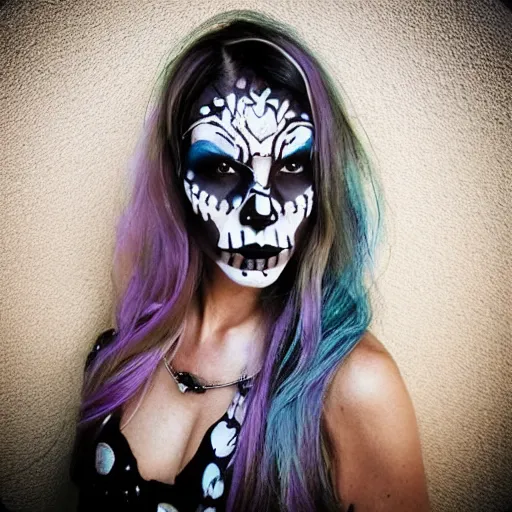 Image similar to a woman with face paint of a skull. full body. photo. detailed. photography. trending on instagram.