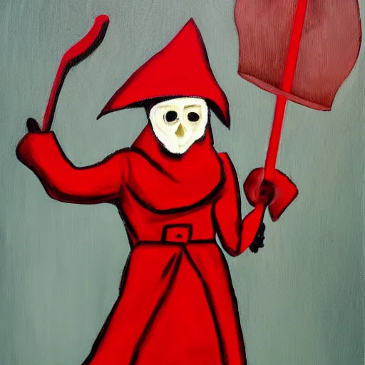 a painting of a Red hooded trench coat person holding | Stable ...