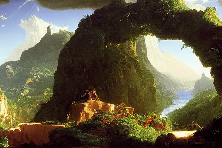 Image similar to there is another world very close to ours that we don't perceive directly, but they do interact sometimes. painting by thomas cole ( 1 8 3 3 )