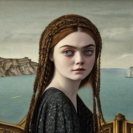 Prompt: professional painting of Elle Fanning in Santorini in the style of Dino Valls, head and shoulders portrait, symmetrical facial features, smooth, sharp focus, illustration, intricate, stormy weather, extremely detailed masterpiece,