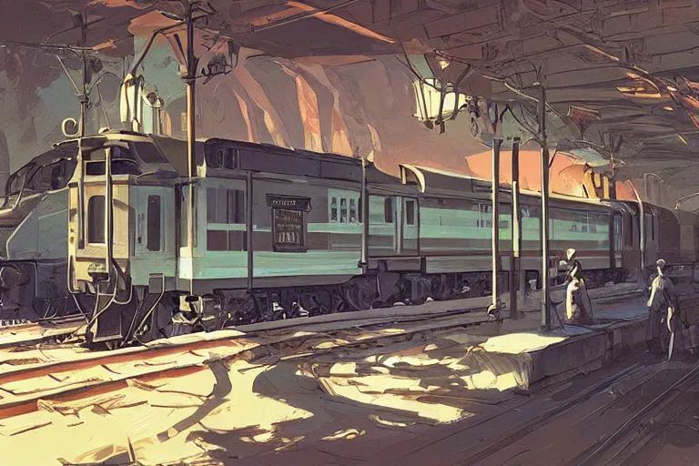 Image similar to idyllic old western train station illustration by syd mead artstation 4 k graphic novel concept art matte painting