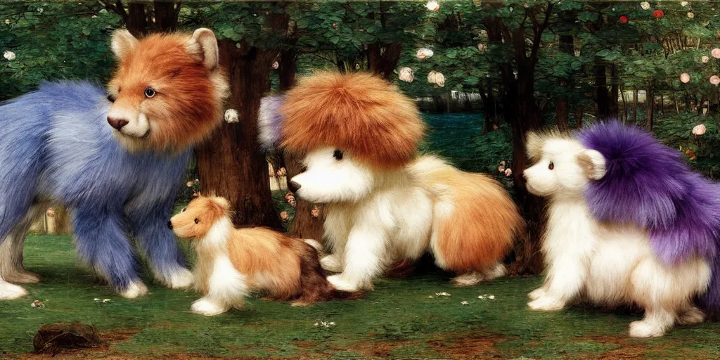 Prompt: 3 d precious moments plush animal, realistic fur, landscape, < muted blue, peach, gray, brown, purple color scheme >, master painter and art style of john william waterhouse and caspar david friedrich and philipp otto runge