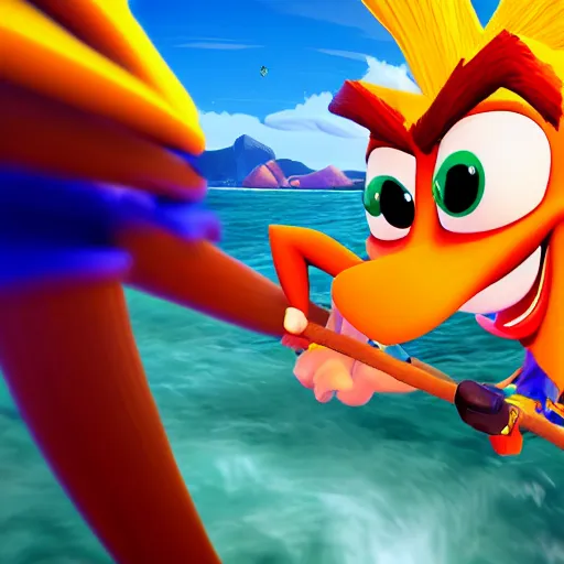 Image similar to crash bandicoot riding a monkey in an ocean