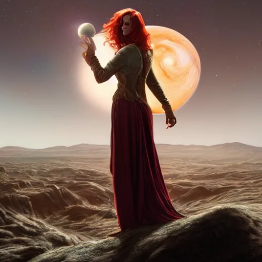 Prompt: a highly detailed matte painting of christina hendricks as a red haired wizard, standing on the moon titan and looking at jupiter, viewed in profile, crackling green lightning, ultrawide lens, art by artgerm and greg rutkowski and alphonse mucha, volumetric lighting, octane render, 4 k resolution, trending on artstation, masterpiece