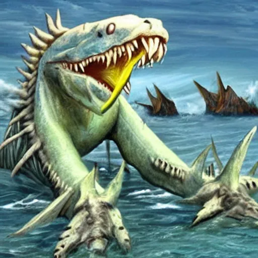 Image similar to hyper realistic sea monster with harpoons sticking out of it's skin