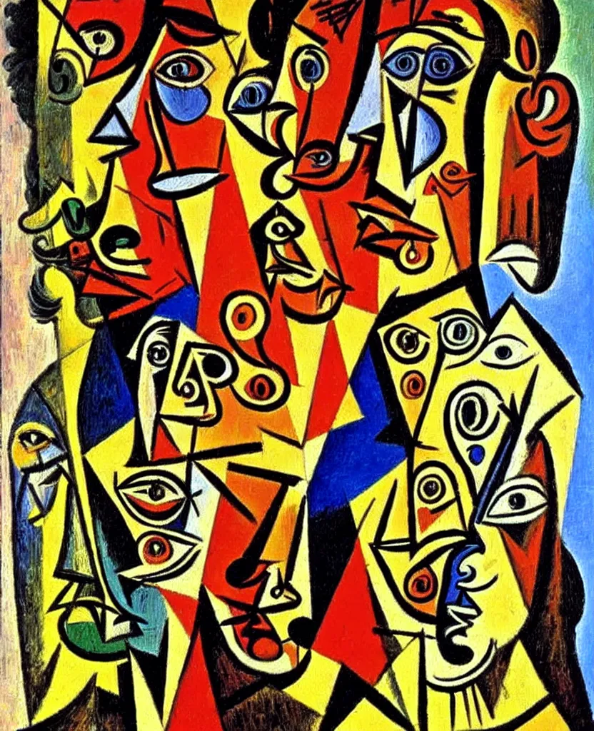 Prompt: vibrant oil painting of dozens of a supreme intelligence. picasso, dali.