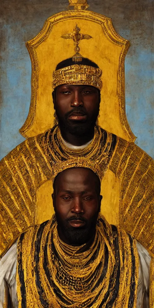 Image similar to a stunning and noble highly detailed romantic period style portrait of Mansa Musa by Josep Tapiró Baró, trending on artstation, oil painting masterpiece, symmetry, African iconography