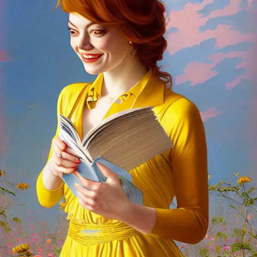 Image similar to a smiling emma stone wearing a yellow dress and reading a book, masterpiece, intricate, elegant, highly detailed, digital painting, artstation, concept art, smooth, sharp focus, illustration, art by artgerm and greg rutkowski and alphonse mucha and uang guangjian and gil elvgren and sachin teng, symmetry!!