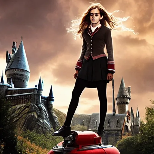 Image similar to Photo of Emma Watson as Hermione Granger on top of a tank in Hogwarts, establishing shot