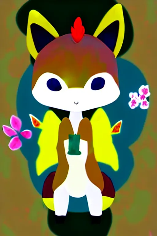 Prompt: cute chibi kawaii dragon fox boy with kind eyes, a bunch of fur, a beautiful couture sweatshirt, and the ability to play a bird flute inside a cozy mountain dwelling with flowers on the table