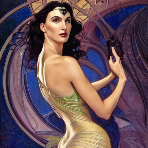 Image similar to a streamline moderne painting of gal gadot in the style of donato giancola, and in the style of charlie bowater, and in the style of alphonse mucha. symmetry, smooth, sharp focus, semi - realism, intricate detail.