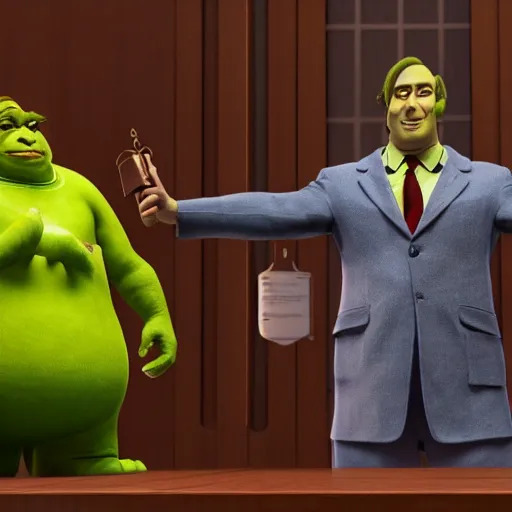 Prompt: Saul Goodman as a defense attorney, in a courtroom, shrek as the defendant | hyper realistic Unreal Engine Render, 8K