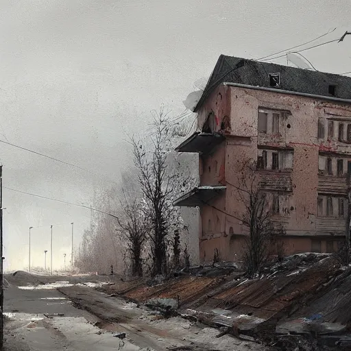 Image similar to painting of a abandoned post soviet town by jakub rozalski