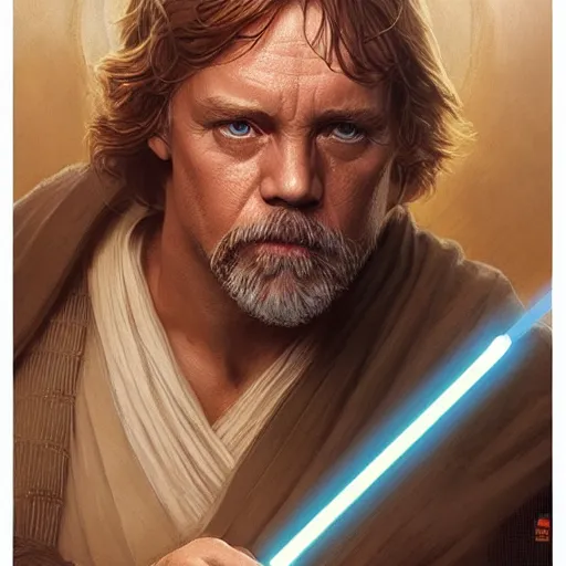 Image similar to luke skywalker grand master jedi from legends books, jedi from star wars, intricate detailed face, artgerm, greg rutkowski, alphonse mucha