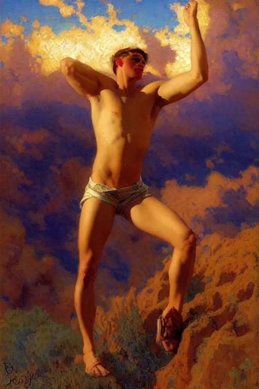 Image similar to attractive male painting sky, painting by gaston bussiere, craig mullins, j. c. leyendecker