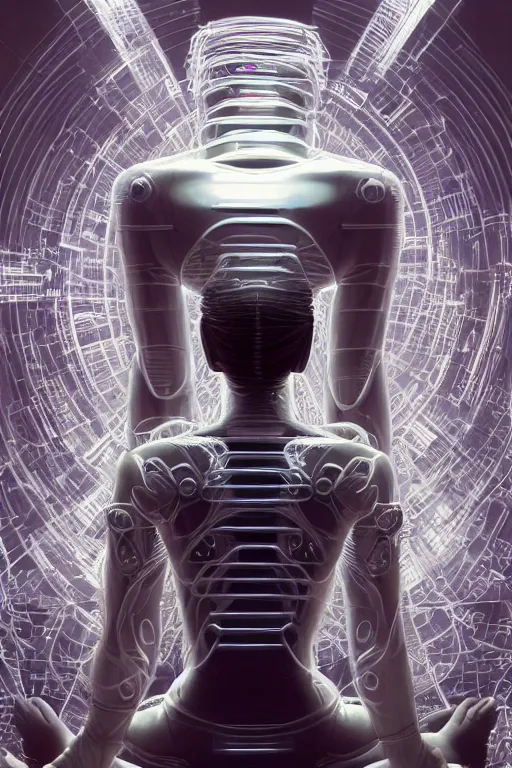 Image similar to Meditating cyborg with many cybernetic implants and wiring, lotus pose, techno-optimism, utopia, sci-fi, hyperrealist, centered, wide angle shot, shart focus, detailed, intricate, 4k UHD, creative lighting, digital painting by Greg Rutkowski, face by artgerm, digital art, trending on artstation, top post of all time on /r/transhumanism subreddit