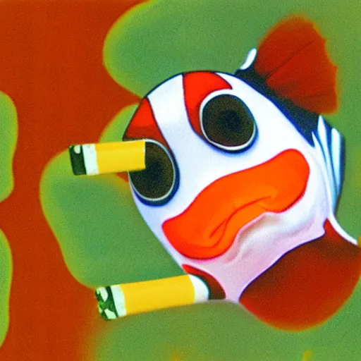 Prompt: clownfish smiling while holding a cigarette, from a kid's book, cartoon illustration