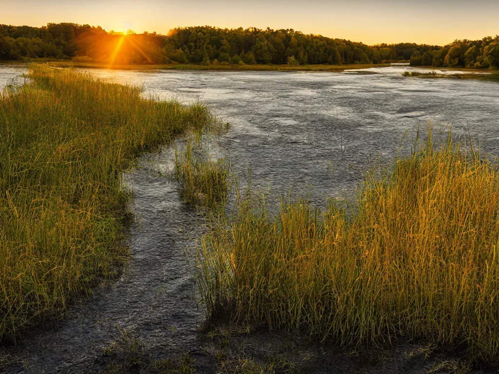 Prompt: photograph of a field by a dam and a river, new england, color, golden hour