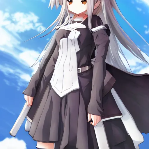 Image similar to anime, full body, arknights girl standing in the top of hill