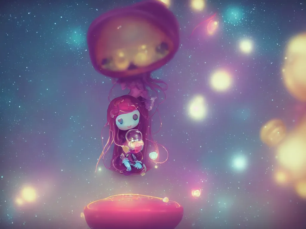 Image similar to cute fumo plush alien jellyfish girl sitting on a small island floating in the dark galactic abyss, vignette, bokeh, vray