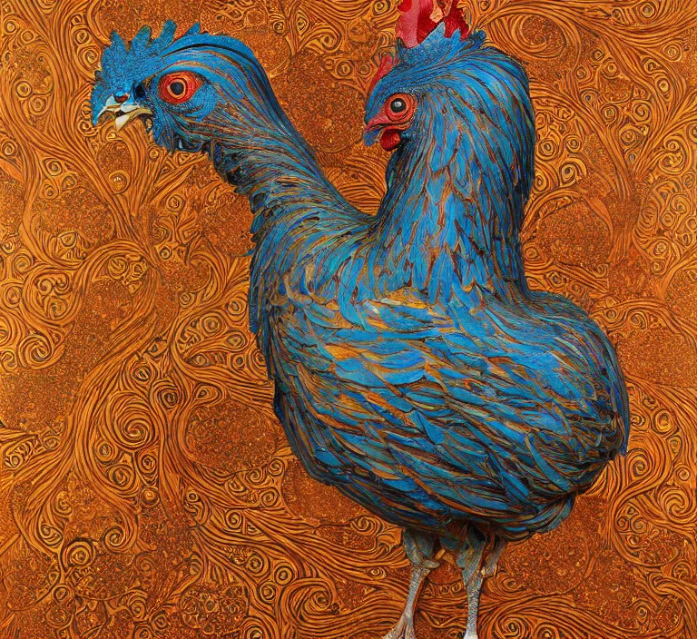 Prompt: beautiful rega muscularl blue chicken hen centered, artwork by james jean, hyper detailed realistic smooth, jean delville, art nouveau, gustav klimt, ornate copper patina gothic icon, james jean, ultrasharp hyperdetailed photorealistic octane render