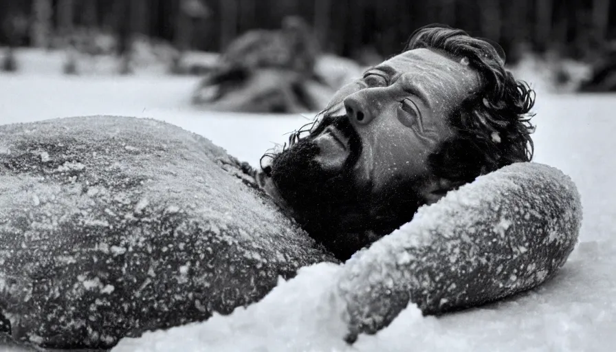 Prompt: 1 9 6 0 s movie still close up of marcus aurelius frozen to death under the snow on a river's shore with gravel, frozen hair, pine forests, cinestill 8 0 0 t 3 5 mm b & w, high quality, heavy grain, high detail, texture, dramatic light, anamorphic, hyperrealistic, detailed hair foggy