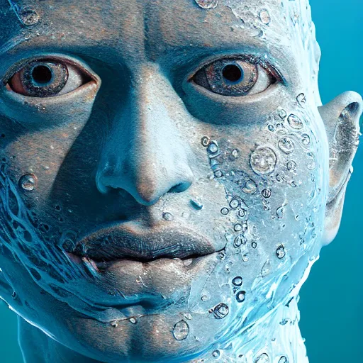 Image similar to a water sculpture of a human head on the ocean water, water manipulation photoshop, behance, ray tracing, cinematic, in the style of johnson tsang, long shot, hyper detailed, hyper realistic, 8 k resolution, sharp focus, realistic water, award winning