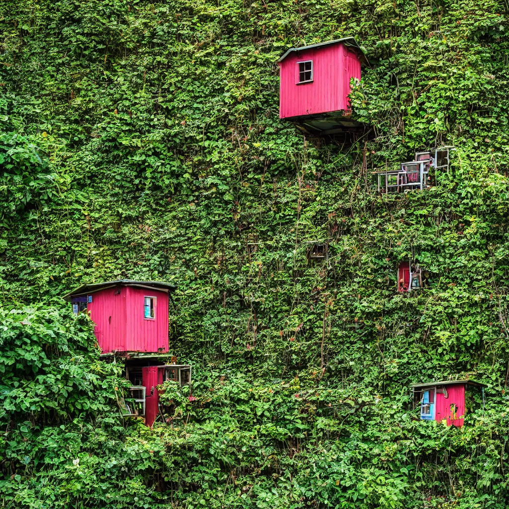 Prompt: a single high tower made up of various colourful makeshift squatter shacks, surrounded by ivy, sony a 7 r 3, f 2 2, fully frontal view, photographed by ansel adams, ultra detailed,