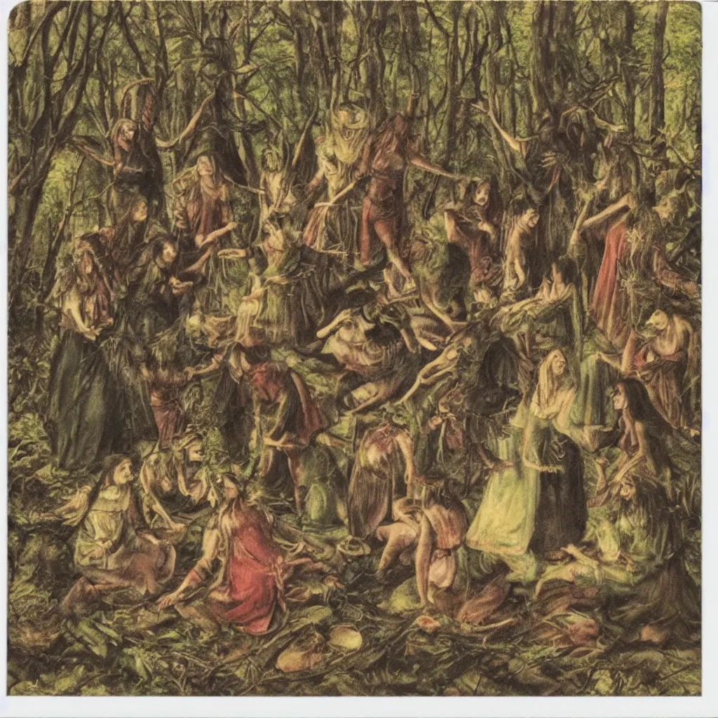 Prompt: polaroid of witches making a ritual in the woods, photorealistic