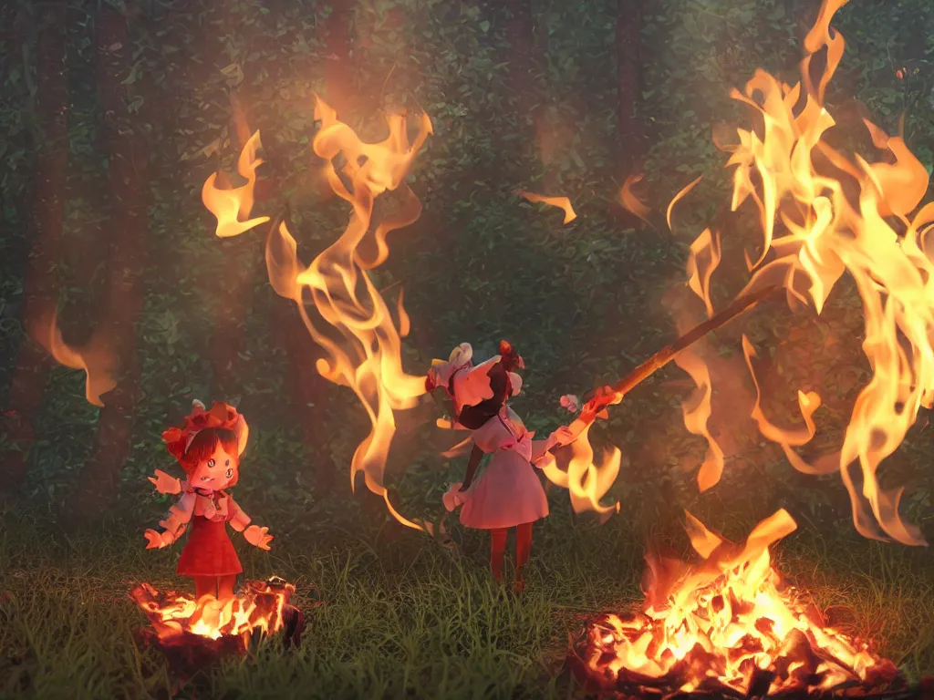 Image similar to cute fumo plush pyromaniac girl giddily starting a fire in the forest, campfire, flames, warm glow and volumetric smoke vortices, vray