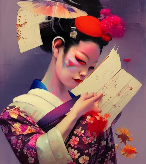 Image similar to delightful geisha, sleepwalk by bartholomew beal, alfio presotto, rhads, salustiano garcia cruz, lita cabellut, contemporary art, mixed media, whimsical art, detailed,