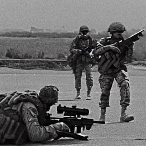 Prompt: distant shot of soldiers in a shootout near a military base, 1 9 8 7, movie still