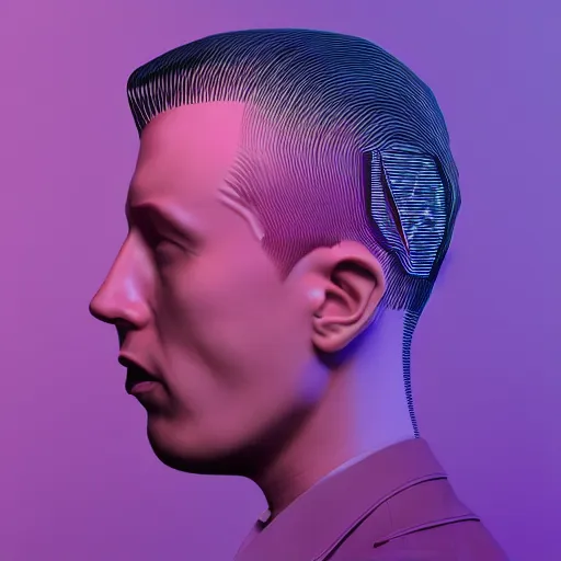 Image similar to a man's head is shown with a purple background, an album cover by beeple, cgsociety, cubo - futurism, darksynth, parallax, rendered in cinema 4 d,