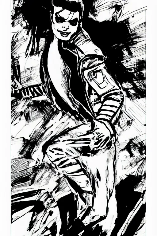 Image similar to michael jackson dancing, a page from cyberpunk 2 0 2 0, style of paolo parente, style of mike jackson, adam smasher, johnny silverhand, 1 9 9 0 s comic book style, white background, ink drawing, black and white