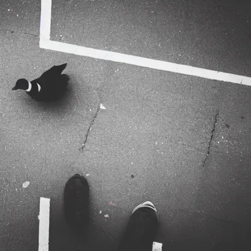 Image similar to A duck staring at a homeless person, cinematic, professional photography, taken from above