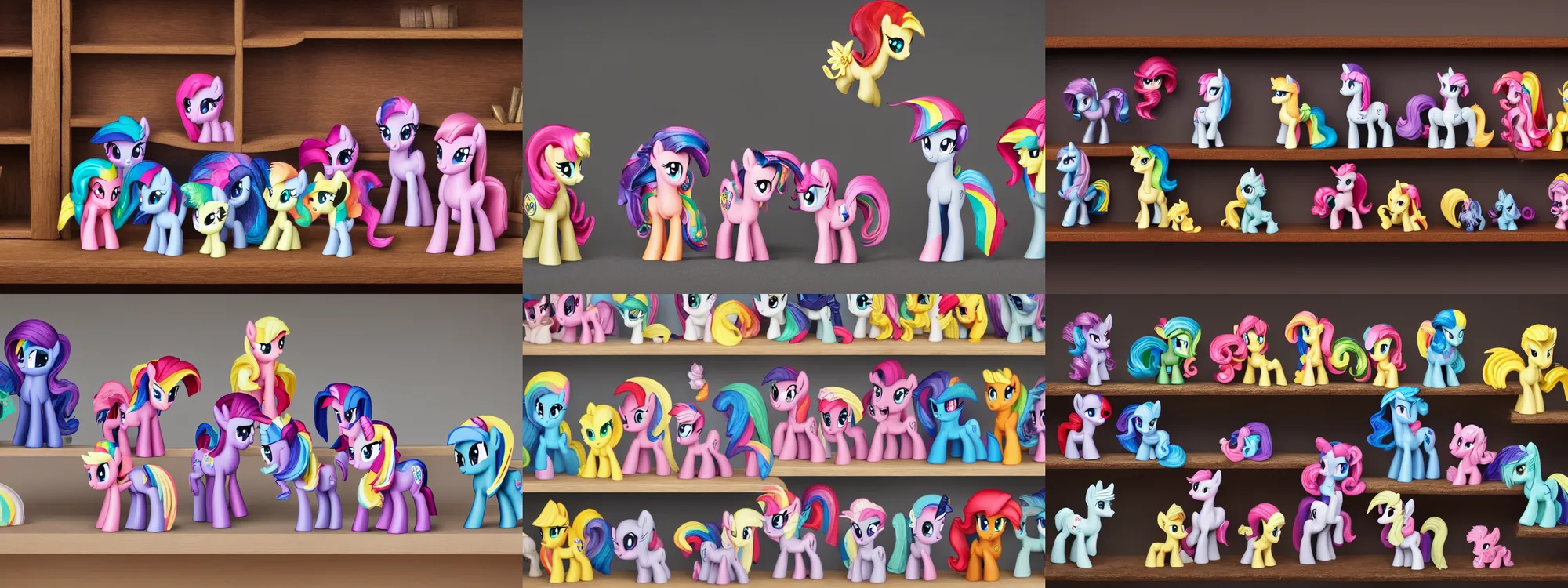 Prompt: My Little Pony figurines on a bookshelf, 8k, Zeiss 35mm photography, studio lighting