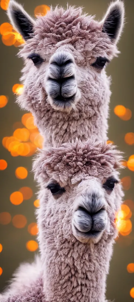 Prompt: portrait photo of an alpaca in the forest of pastel feathers lit by small fireflies at night