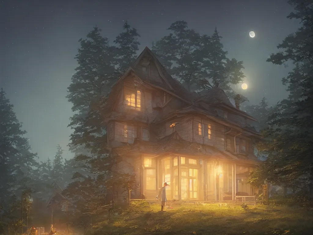 Image similar to A highly detailed matte painting of single house at night, moon, forest, by Studio Ghibli, Makoto Shinkai, by Artgerm, by WLOP, by Greg Rutkowski, volumetric lighting, octane render, 4K resolution, trending on artstation, masterpiece