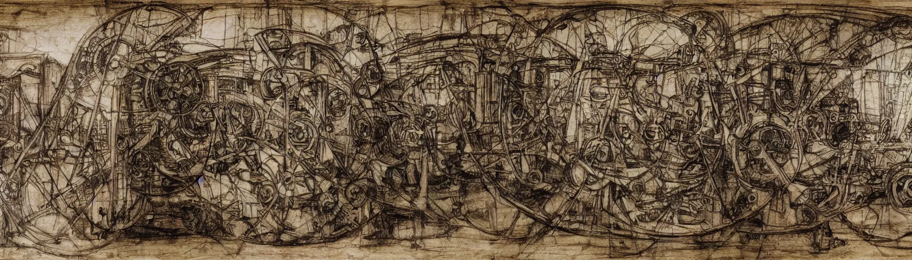 Prompt: a leonardo davinci sketch of an infinite creativity machine, mural, panorama, extremely detailed