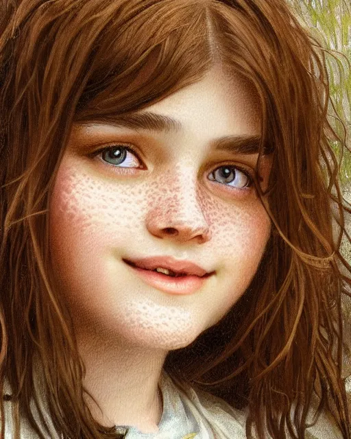 Image similar to close up portrait of 1 5 - year - old girl, smile with large front teeth, hermione, very bushy brown hair, and very bright brown eyes, wearing white shirt, hyper realistic face, beautiful eyes, close up, fantasy art, in the style of greg rutkowski, intricate, alphonse mucha, hyper detailed, smooth