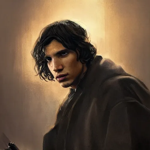 Image similar to portrait of a man by greg rutkowski, ben solo, messy black hair, tall and slender, star wars expanded universe, he is about 3 0 years old, wearing a flying jacket, friendly and trustworthy, highly detailed portrait, digital painting, artstation, concept art, smooth, sharp foccus ilustration, artstation hq