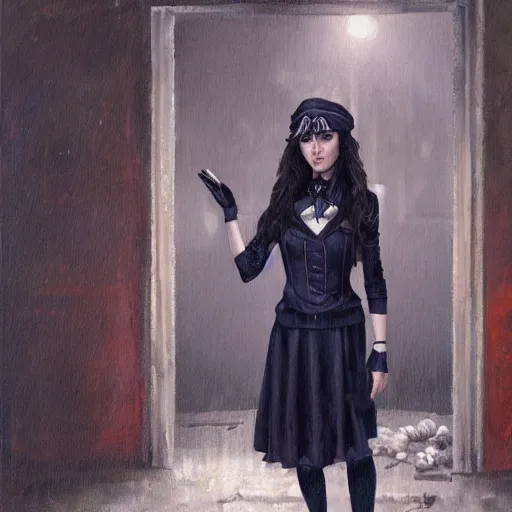 Image similar to oil painting of jinx arcane, standing in abandoned building, wearing formal uniform, in style of charlie bowater, detailed face,