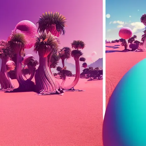 Prompt: panorama,utopia,science fiction,bio-inspired,organic,sunny,michael whelan,retro wave, pink hues,octane render