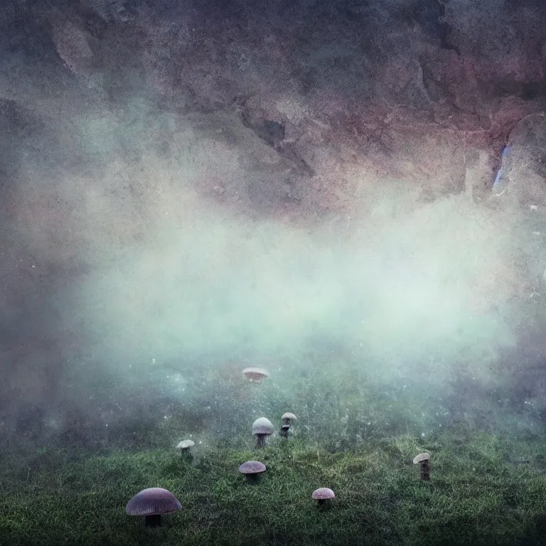 Image similar to a planet of various fungus, mushrooms and plants, inside the picture is infinity, Atmospheric phenomenon, artistic photography, muted colors, conceptual, long exposure outside the city, volumetric light