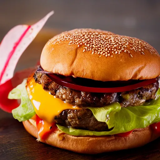 Prompt: closeup photo of most delicious cheeseburger