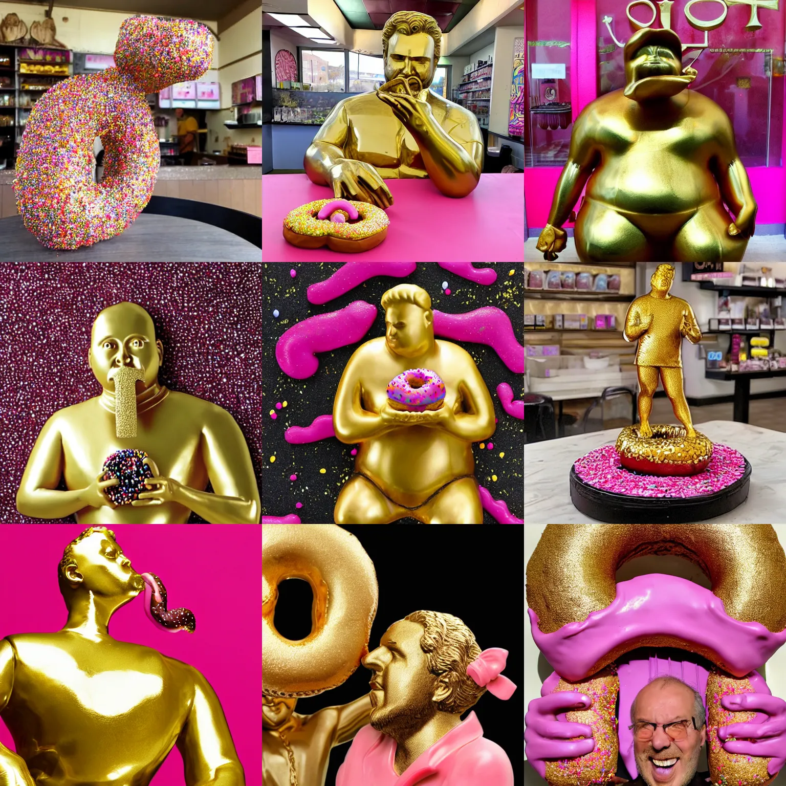 Prompt: a gold statue of a very large man eating a pink donut, at the donut shop, messy eater, sprinkles