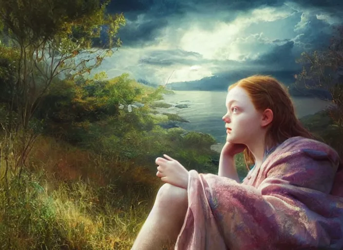 Image similar to sadie sink the real god, watching the earth. epic cinematic hyperrealism masterpiece. realistic poster with shaded lighting by craig mallismo, artgerm, jeremy lipkin and michael garmash, unreal engine, radiant light, detailed and complex environment, octane photoreal 3 d render, art station trends