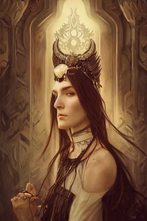 Image similar to a portrait of the Raven Queen, bored, illustration, dramatic lighting, soft details, painting oil on canvas, art nouveau, octane render, HDR, 4k, 8k, HD, by Edmund Blair Leighton, Brom, Charlie Bowater, trending on artstation, ,Tom Bagshaw faces by otto Schmidt