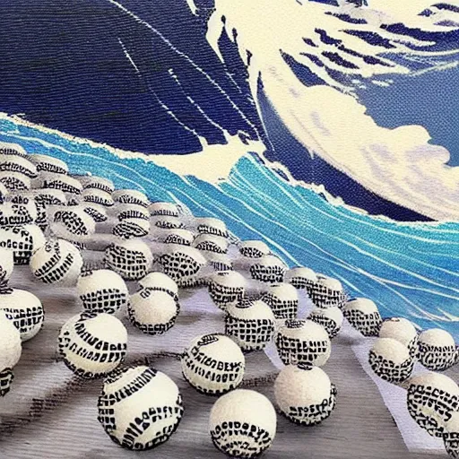 Image similar to beautiful tidal wave constructed of baseballs, concept art