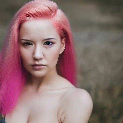 Image similar to a beautiful woman with pink hair and fair skin, portrait photograph, nikon 3 5 mm, photograph